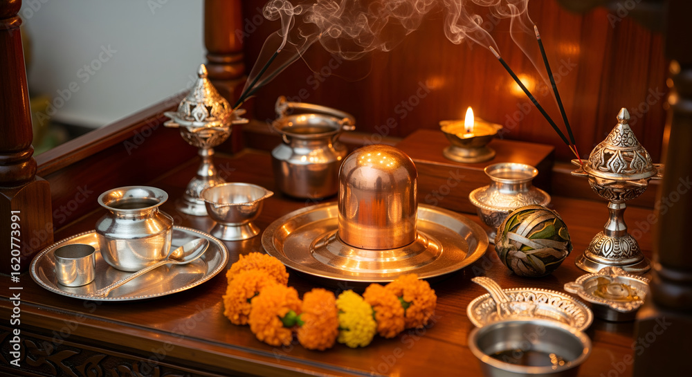 Naklejka premium Copper Shiva Linga in indoor mandir with silver utensils, incense holders, and prayer items