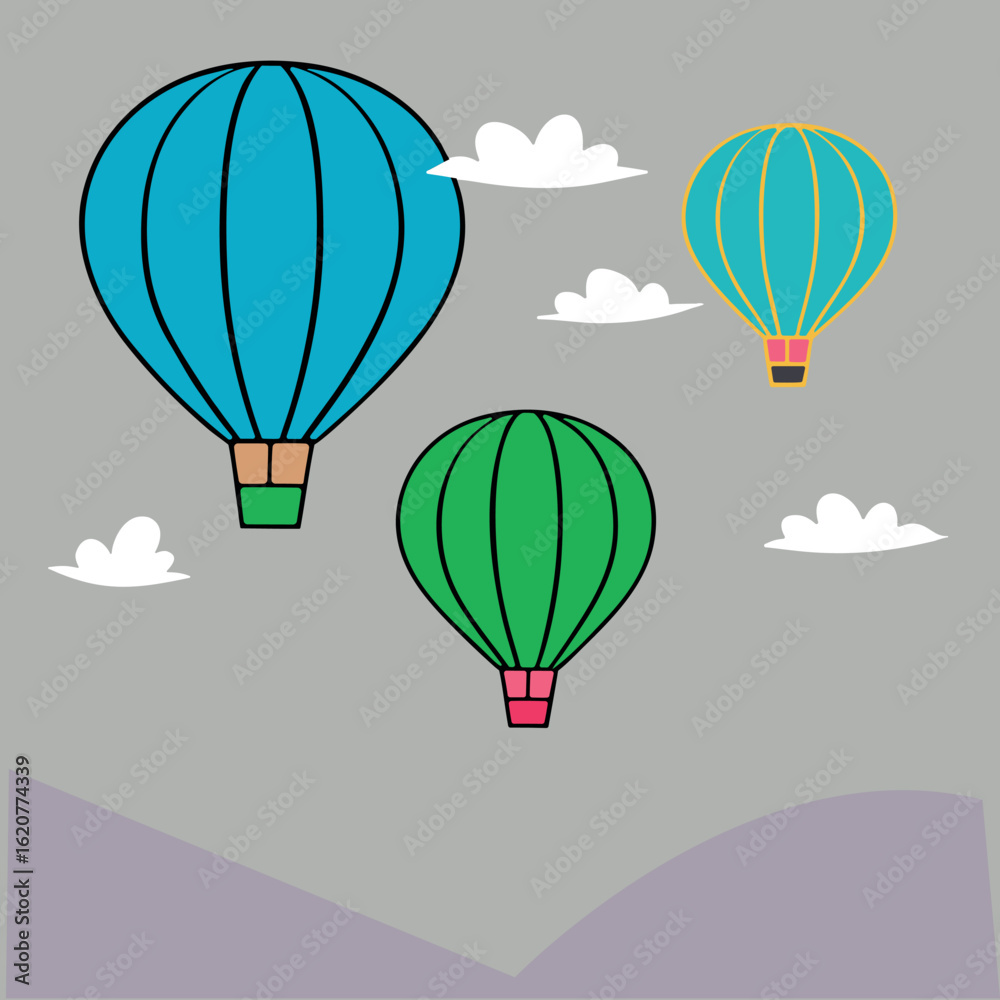 Obraz premium Colorful Three hot air balloons flying in the sky with clouds and Illustration