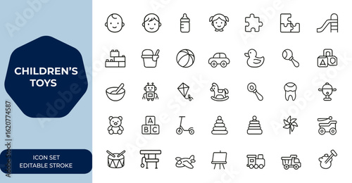 children’s toys Outline vector icons collection. Editable linear stroke illustration. Baby, toddler, infant, doll, puzzle, playground, play, childhood, education, development and more.
