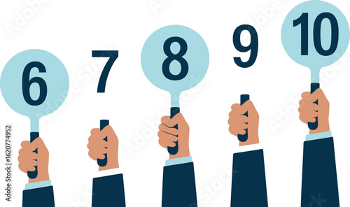 Raised Hands Showing Numbers 6 to 10 in Light Blue Circles on a White Background
