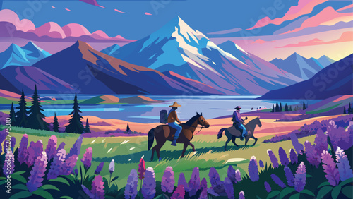 Two people horseback riding through a field of purple flowers with mountains and a lake