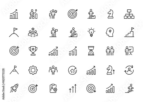 growth icon set, progress, and efficiency. Editable stroke vector collection depicting success, achievement, leadership, workflow, business, motivation and more.