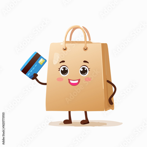 Shopping bag with credit card: A charming cartoon shopping bag holding a credit card, illustrating modern commerce and consumerism. 