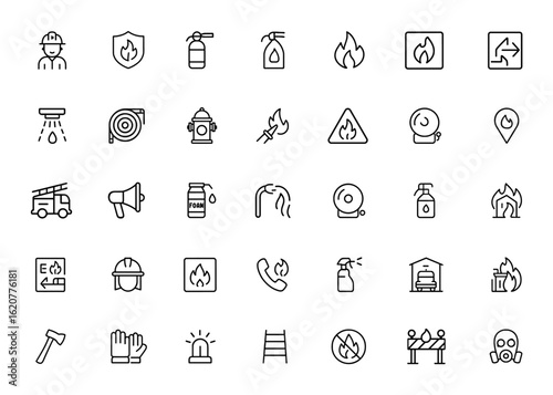 fire protection icon set with editable stroke. Outline vector illustration collection featuring safety, firefighter, extinguisher, alarm, flames, emergency, foam, sprinkler, hose, hydrant