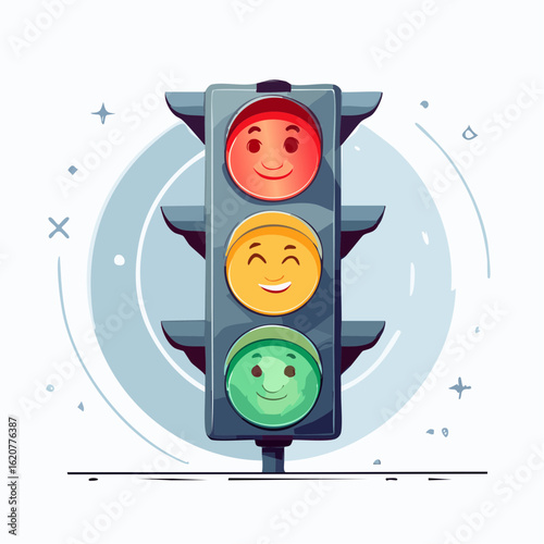 Animated Traffic Signal: A playful and whimsical traffic light, with each signal light displaying a happy face and the road code . Designed with a cartoonish style.