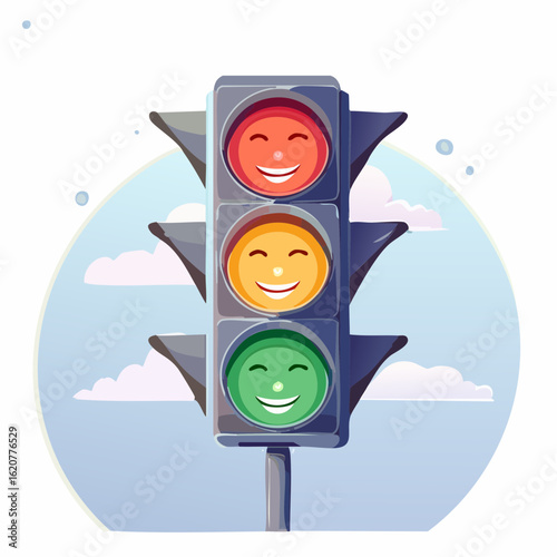 Traffic Light Smiles: A charming illustration of a traffic light with smiling faces for each signal light, creating a friendly and inviting atmosphere.