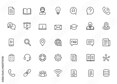Outline set of editable stroke icons for information and communication. Linear vector illustration collection including document, guide, support, technology, message, education and more.