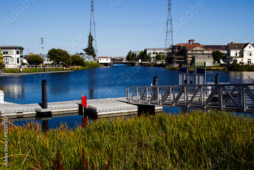 Green Reeds And Dock On Waterway With Buildings And Power Lines