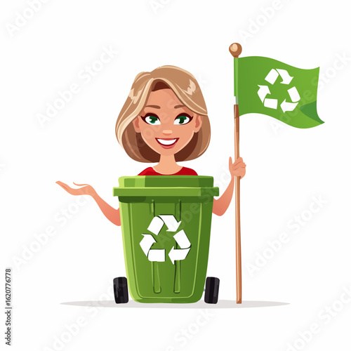 Eco-Friendly Champion: A cheerful woman emerges from a recycling bin, holding a green flag and showcasing her commitment to environmental responsibility in a whimsical illustration.