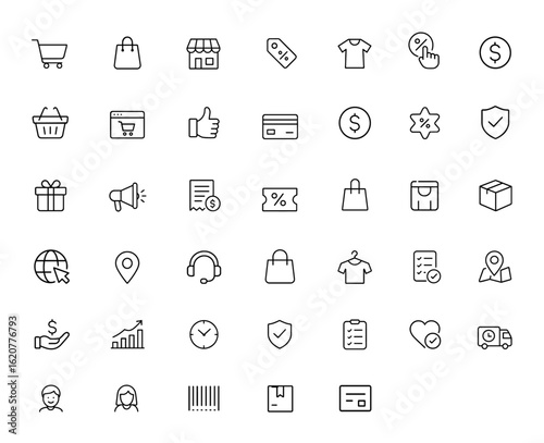 Linear outline icon set for shopping and e-business. Editable stroke vector illustration collection. Includes commerce, retail, payment, delivery, discount, coupon, market, store, online and more.