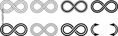Set of Infinity Symbols and Arrows with Black Outlines on White Background