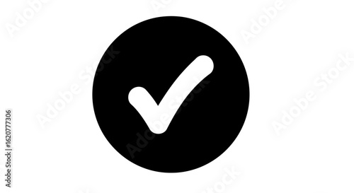 White checkmark symbol isolated on a black circle on a white background, representing confirmation, success, or agreement