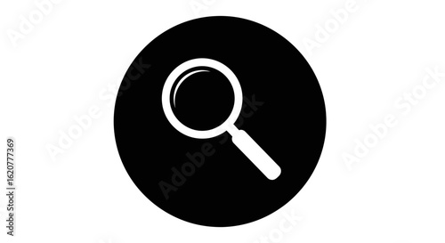Magnifying glass icon in a black circle, representing search, discovery, and investigation