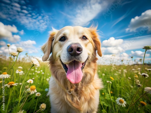 Golden retriever in a field of daisies, enjoying the sunny day with a joyful expression and tongue out.