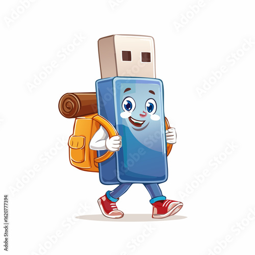 USB Flash Drive on a Journey: An anthropomorphic USB flash drive embarks on an outdoor adventure, complete with a backpack, capturing the spirit of exploration and digital portability.