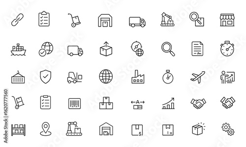 logistics icon set, supply chain, delivery, manufacturing, commerce, value chain, freight, transport, and business analysis, global export and more.
