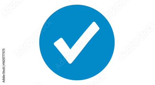 Blue circle with a white check mark symbol, isolated on white background, representing confirmation, approval, and correctness