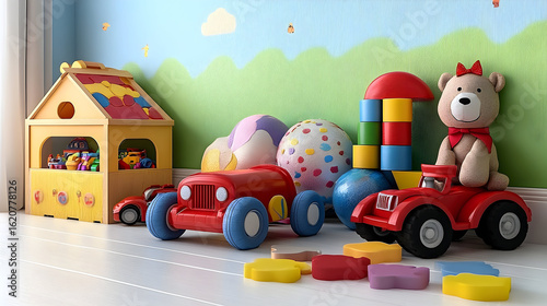 Childs playroom with colorful toys blocks and plush bear
