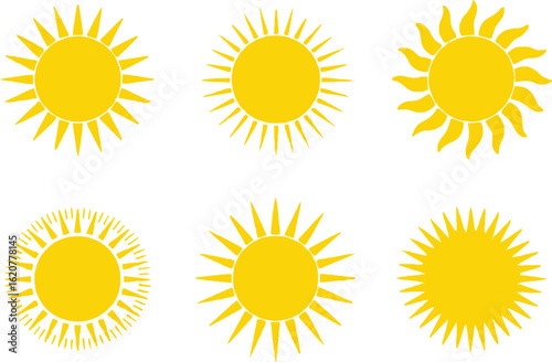 Six Yellow Sun Shapes on White, Summery Weather and Solar Energy Concepts