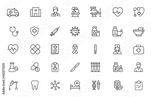 Outline icon collection of medical, healthcare, and medicine symbols. Editable stroke linear vector illustration. Includes ambulance, hospital, doctor, diagnosis, surgery, blood and more.