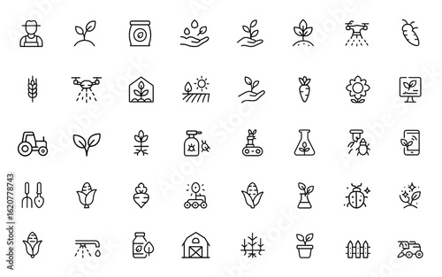 Linear agriculture outline icon collection set with editable stroke. Vector illustration of farming, agronomy, botany, seed, fertilizer, robot, harvest, plant, drone, vegetable, technology and more.