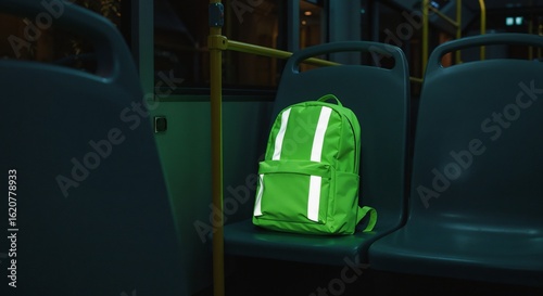 Bright green backpack, alone, resting on a seat in an empty bus at night