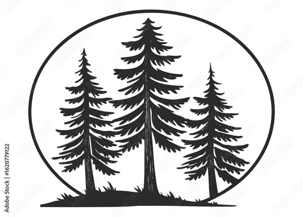 Obraz premium Black Silhouette of Three Pine Trees Inside a Circle on White Background forest nature