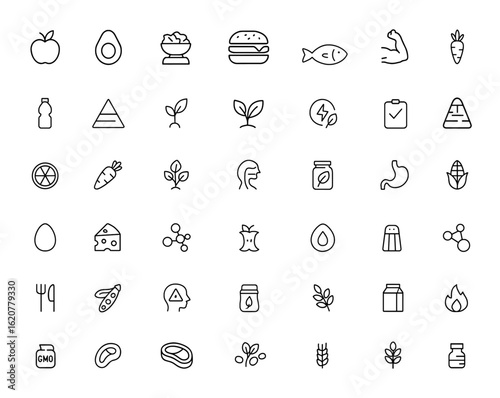 Linear outline icon set of nutrition symbols with editable stroke. Vector illustration healthy food, dietary balance, digestion, vitamins, minerals, metabolism, vegan, organic, protein, and more.
