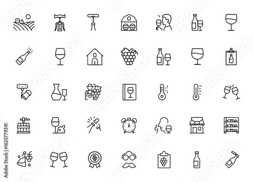 Wine outline icon pack featuring editable linear stroke vectors. Includes vineyard, bottle, corkscrew, cellar, tasting, barrel, champagne, wine glass, winery, alcohol, beverage, grape, and more.