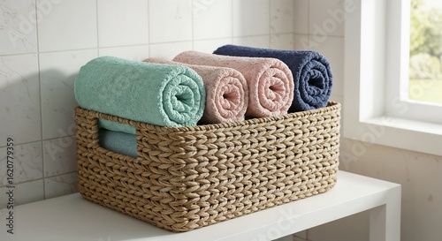 Colorful towels, neatly rolled, stored in a wicker basket beside a window