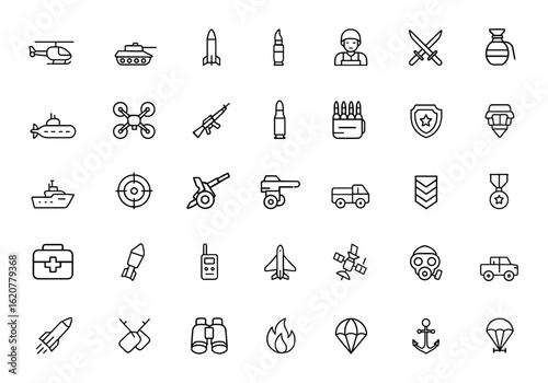 Military line icon pack with editable stroke. Outline collection of war, army equipment, weapons, tools, and aids. Includes helicopter, tank, missile, radar, soldier, submarine, drone and more.