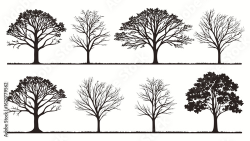 Collection of Eight Stylized Tree Silhouettes in Black and White trees nature