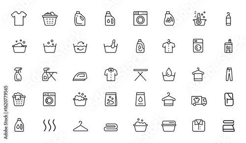 Outline laundry icons vector set with editable stroke. illustration of washing, detergent, fabric care, cleaning equipment, clothes, basket, machine, hygiene, ironing, water, and household and more.