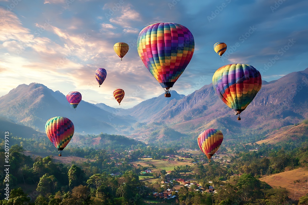 Fototapeta premium Experience the thrill of a hot air balloon festival adventure over picturesque mountain scenery, promising unforgettable memories and breathtaking views, perfect for travel inspiration