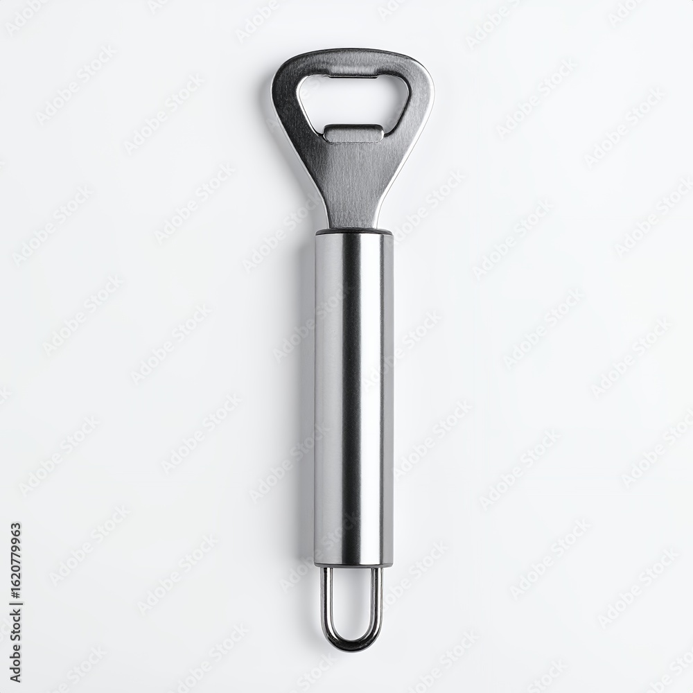 Sleek stainless steel bottle opener with cylindrical handle design on white background Sleek stainless steel bottle opener with cylindrical handle design on white background