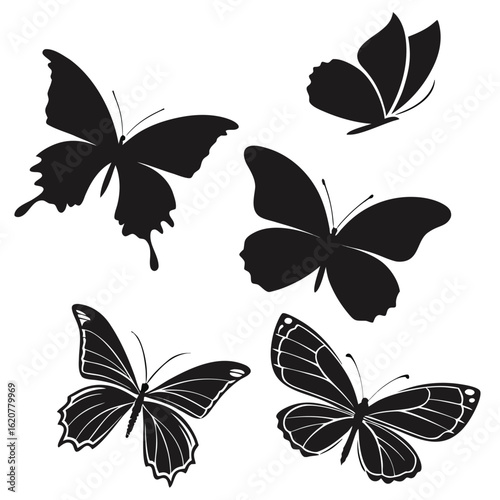 Collection of five black butterfly silhouettes in various poses on a white background insect wing