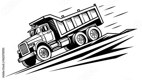 A stylized black and white emblem featuring a dump truck in motion, wheels slightly blurred with speed lines, done in bold graphic outlines. The truck is angled toward the viewer’s left in a dynamic p