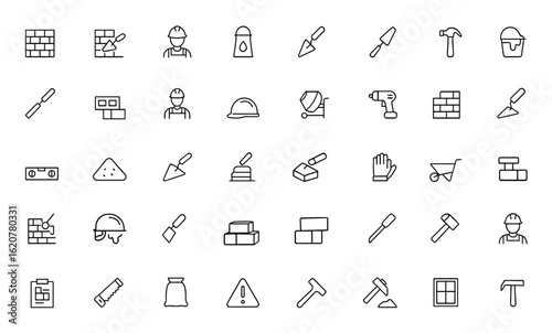 masonry icon set with editable linear stroke. Vector illustration bricklayer, cement, tools, construction, safety, repair, mixer, level, chisel, handyman, building, renovation and more.
