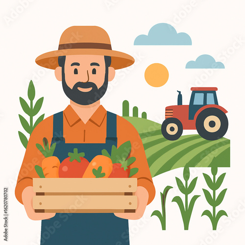 Farmer holding a crate of fresh vegetables on a farm.