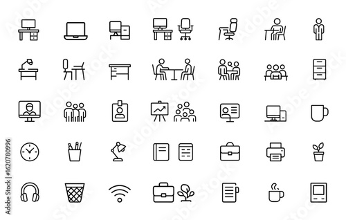 Linear outline icon collection featuring workspace essentials. Editable stroke vector illustration for office, remote work, business, freelancer, meeting, furniture, computer, employee and more.