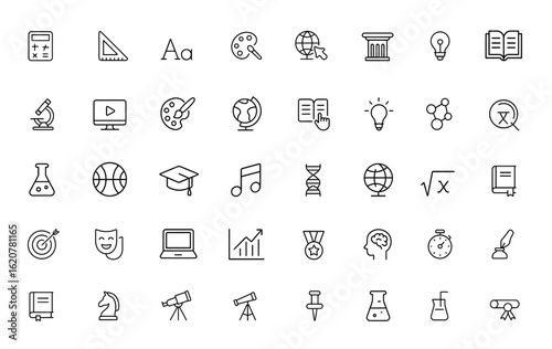 Outline linear icon set featuring editable stroke vectors of school subjects. academic icons for mathematics, biology, chemistry, language, history, science, education, and learning and more.