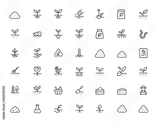 soil icons set with editable strokes. Linear vector illustration of agriculture, farming, ecology, biobiology, gardening, earth, roots, seed, research, organic growth, and soil tools and more.
