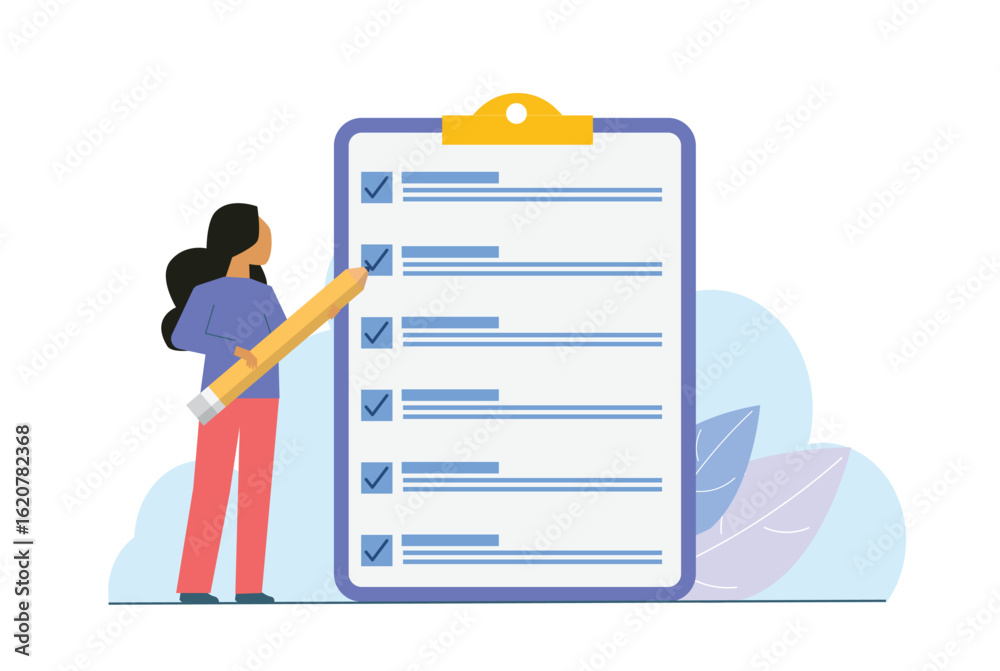 Checklist and checkmarks. Woman holding a large pencil next to a clipboard Checklist and checkmarks. Woman holding a large pencil next to a clipboard
