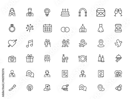 Wedding outline icon collection with editable stroke. Vector linear icons featuring bride, groom, bouquet, cake, ceremony, invitation, celebration, music, vows, party, honeymoon, and more.