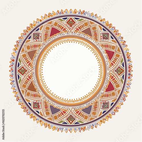 Bohemian Circle Ornament: A stunning circular decorative piece, designed with vibrant geometric patterns and intricate details, suitable for creating a unique and eye-catching design element.