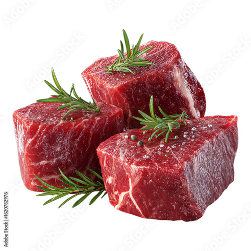 Delicious, fresh cut sirloin steak ready for the grill, with sprigs of rosemary and salt