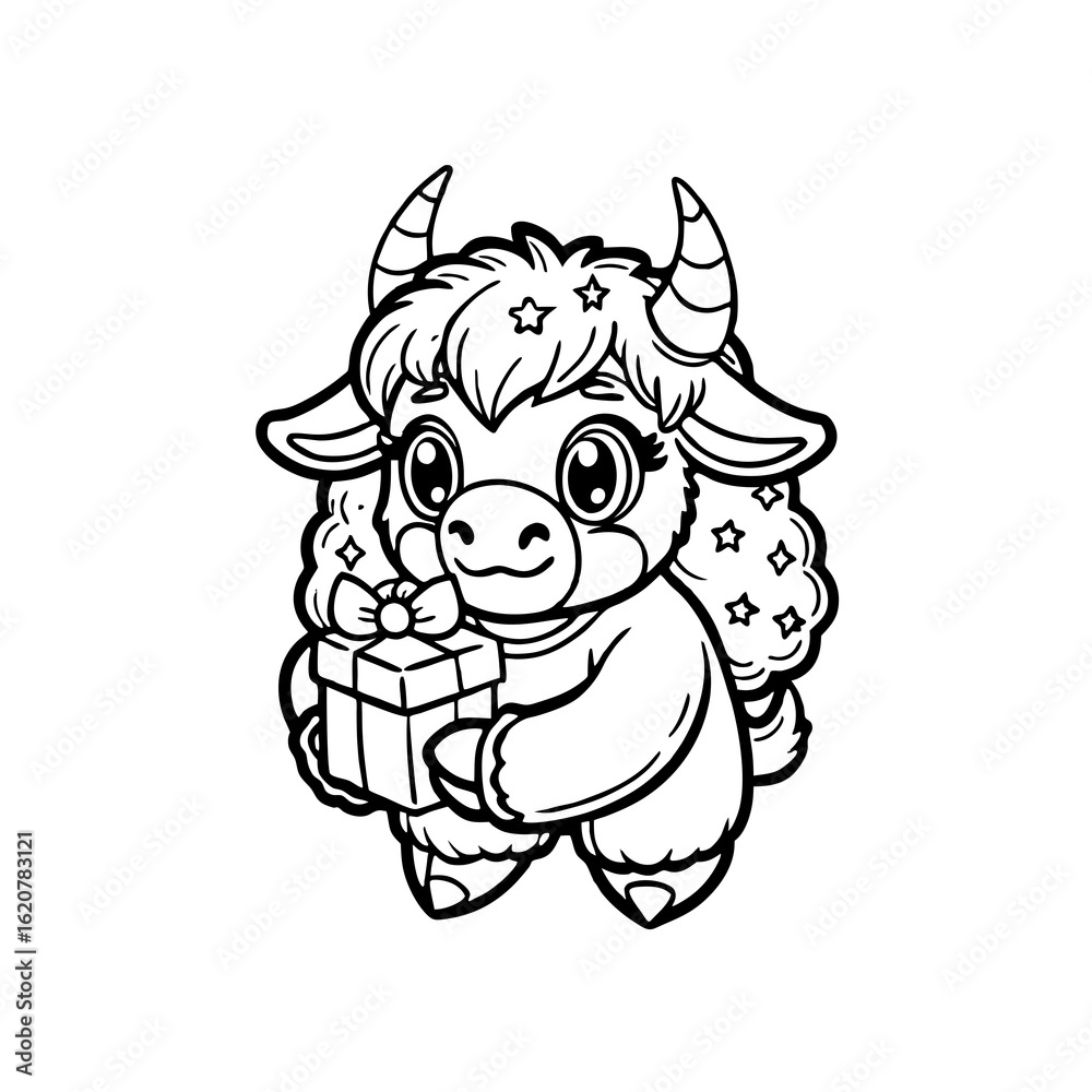 Obraz premium Cute cartoon yak character holding a wrapped gift box with a bow, outlined in black and white.