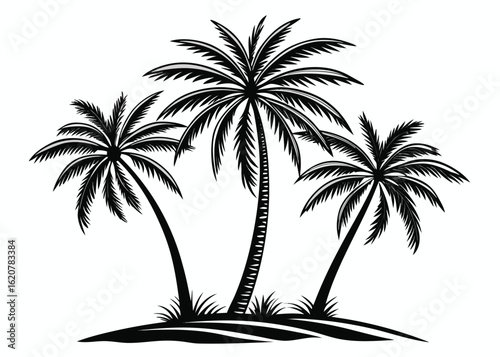 Silhouette of three palm trees on a small island with grass against a white background tropical beach