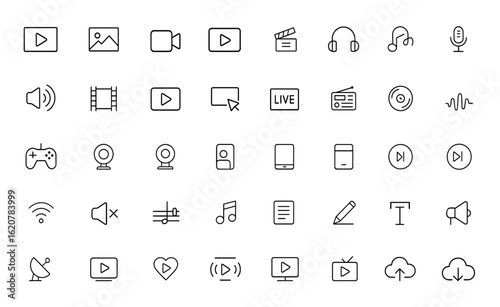 Linear outline icon collection featuring multimedia symbols with editable strokes. Vector illustration for digital content, animation, audio, gaming, streaming, mobile, and web media and more.
