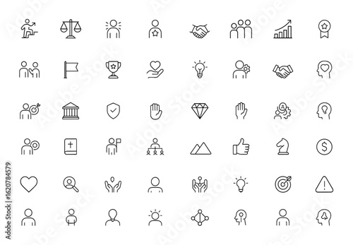 Core values linear icon set with editable stroke. Vector illustration of ambition, ethics, leadership, commitment, teamwork, growth, quality, respect, innovation, empathy and more.